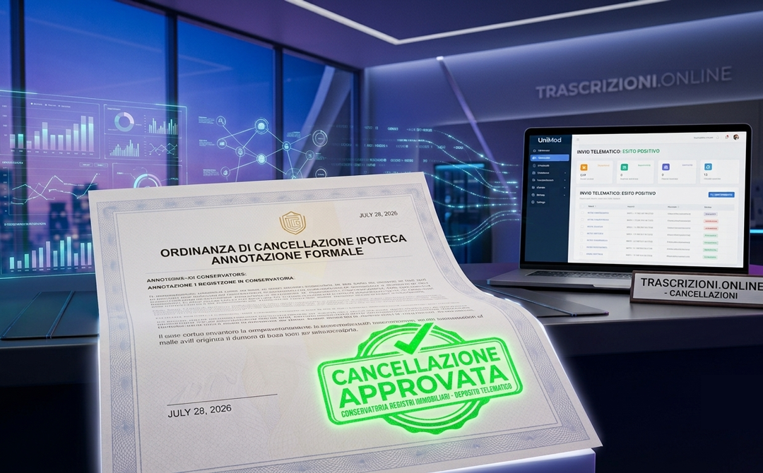 Documento digitale e timbro di cancellazione ipoteca approvato in Conservatoria