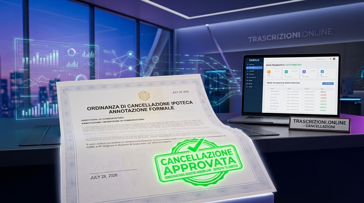 Documento digitale e timbro di cancellazione ipoteca approvato in Conservatoria